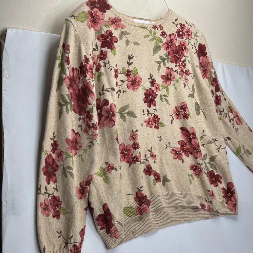 Alfred Dunner Sweater Womens XL Tan Red Floral Beaded Ramie Cotton Knit Pullover - Picture 8 of 9